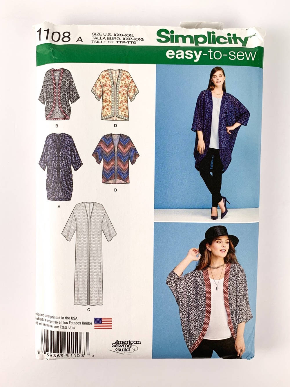 Uncut Simplicity 1108 sewing pattern for misses' kimono & cardigan sizes XXS-XXL